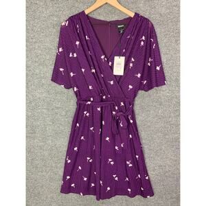 New $109 DKNY Women's Belted Ribbed Printed Dolman‎ Sleeve Surplice Dress SZ 6